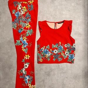 Zara Co-Ord set, Red with flowers . Pants and top